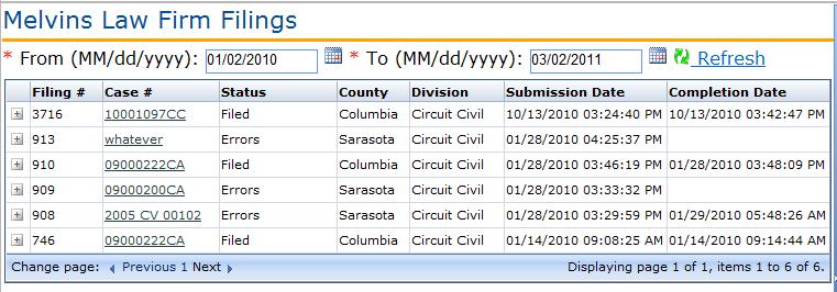 Filing Options Organization Filings The Organization Filings option allows filer to view a list of filings entered by the law firm using the Portal.