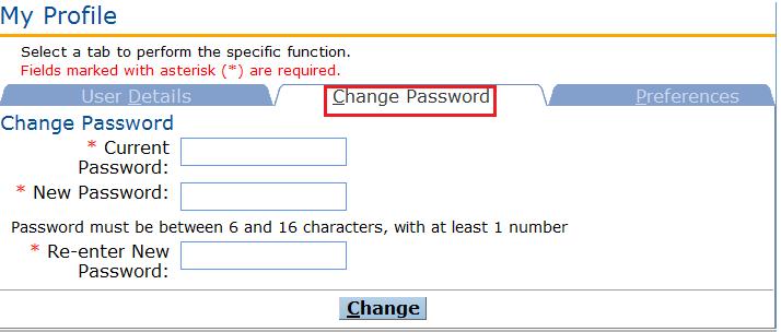 Changing your Password The Change Password menu option provides users with the ability to manage / change their password.