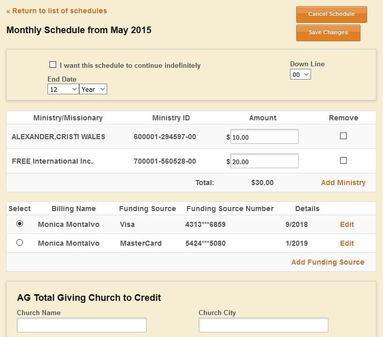These schedules may or may not include an end date or church to credit depending on what was specified. You can access this area by clicking the Recurring Transactions link or Manage Schedules button.