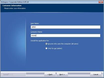 16. Enter desired the User Name admin or the Windows administrator account name. Enter any Company Name.