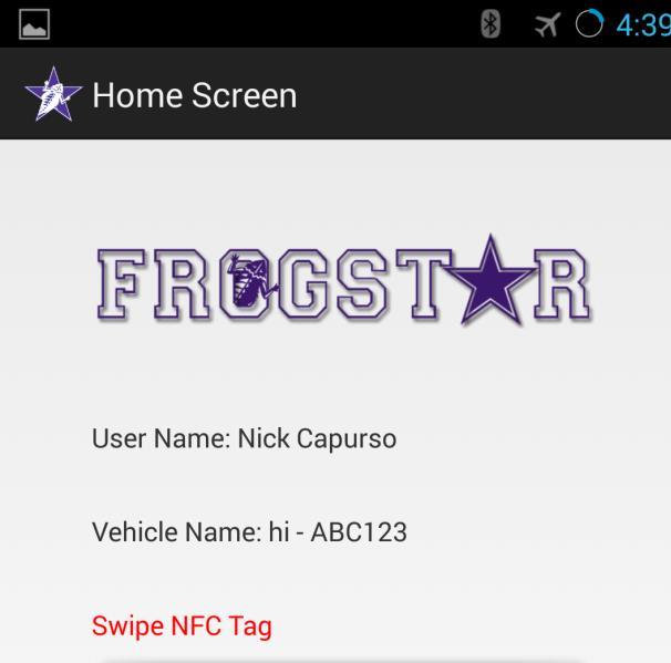 6.3. Home Screen The main screen of the application will show the user name and vehicle that is currently being used.