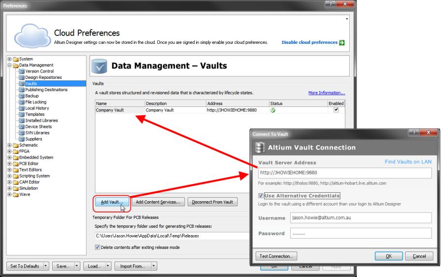 The name of the vault listed in the the Data Management Vaults page of the Preferences dialog is initially provided by the vault.