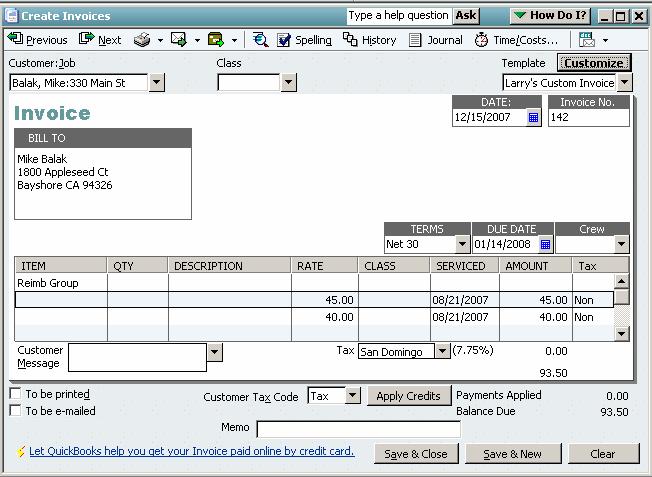 Enter the name of the customer:job and click on Time/Costs from the top of the invoice window. Click on the expenses tab to get a list of expenses billable for this customer.