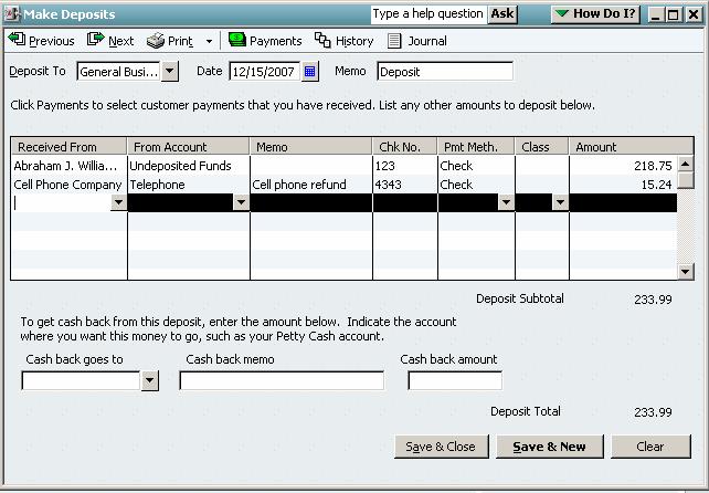 In the Deposit to field, select the Operating Bank Account. The other fields will be filled in with the information from the received payments.