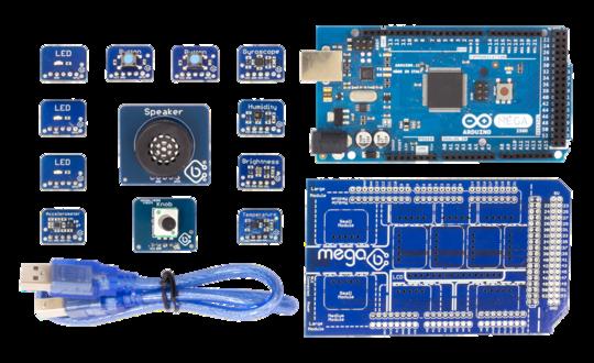 Specifically, you will experiment with the Mega-B Development Kit, which includes an Arduino Mega, a Mega-B Bread Board, and 13 prototyping modules ranging from