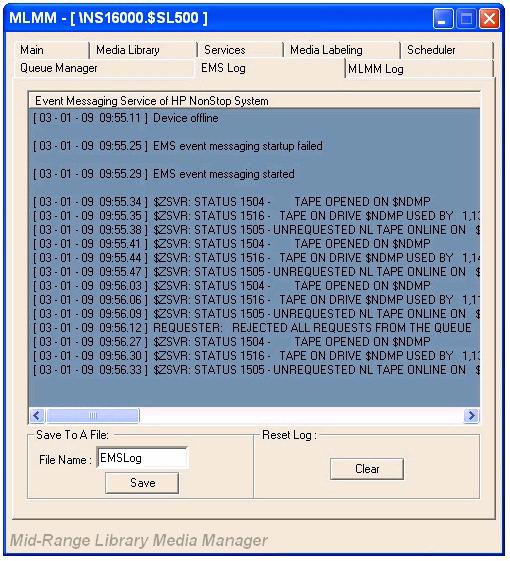 MLMM GUI Operations EMS Log Tab EMS Log Tab The EMS Log is an Event Messaging Service of the NonStop system. It shows the date and time that each event takes place.