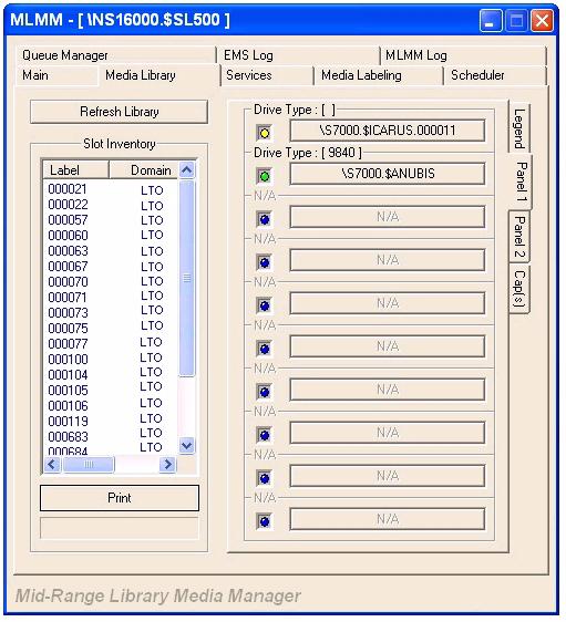 MLMM GUI Operations Legend Tab Legend Tab The Legend tab describes what each colored light represents (See Figure 6-4). Panel Tabs The Panel Tabs show the tape drive configuration.