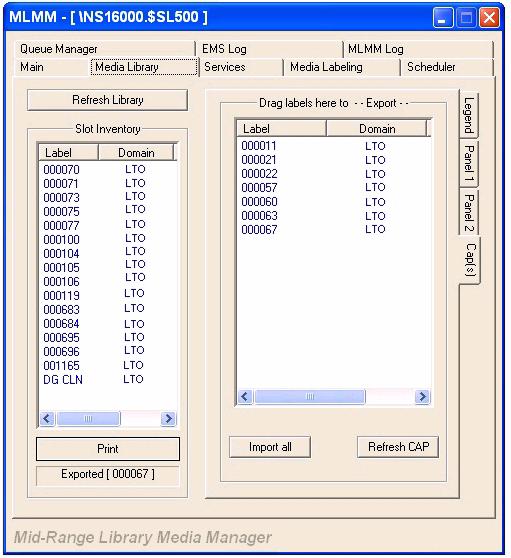 MLMM GUI Operations Legend Tab Cap(s) Tab To move a tape cartridge to a tape drive, click a tape label inside of the slot inventory and drag it to a drive.