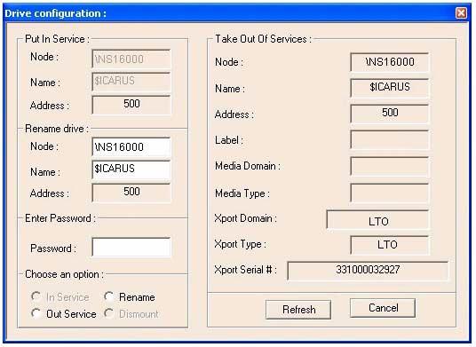 MLMM GUI Operations Services Tab Figure 6-9. Drive Configuration Dialog Box Under Put In Service: In the Node box, view the name of the NonStop system that is currently hosting the drive.