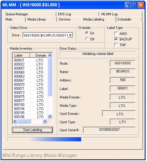 MLMM GUI Operations Media Labeling Tab Figure 6-12 will appear. Figure 6-12. Initializing Volume Label In this example, you can see that three tapes were selected to be labeled as BACKUP: 000011, 000021, and 000022.