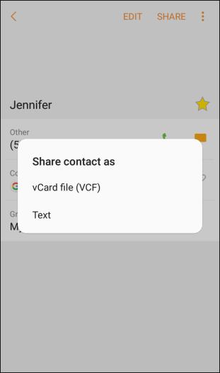 4. Tap vcard file (VCF) to share the contact as a vcard file, or tap Text to share the contact information in a text file. 5. Tap Bluetooth and follow the prompts to share the contact.
