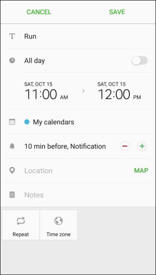 Add an Event to the Calendar Add events to your calendar directly from the Calendar application. 1. From home, tap Apps > Calendar. The Calendar app opens. 2.