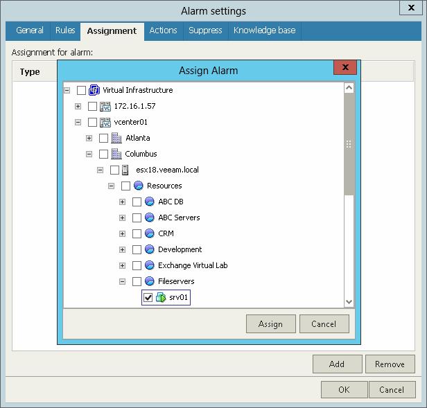 6. Open the Assignment tab and perform the following steps: a. Remove Virtual Infrastructure from the alarm assignment scope. b. Click Add and choose VMs to which the alarm will be assigned. 7.