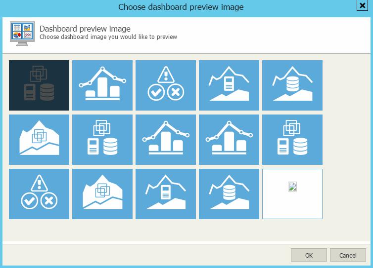 Setting Dashboard Preview Image and Color After you have added a new dashboard, you can select the preview image that will be used to depict the dashboard in the Dashboards section.