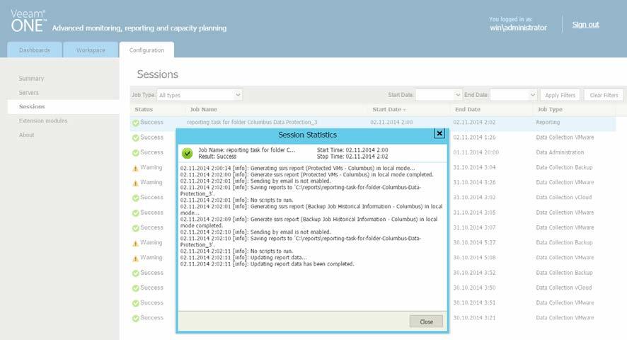 Viewing Scheduled Report Delivery Results Every run of a report scheduling job initiates a new scheduling session. To view details on report scheduling sessions: 1. Open the Configuration section. 2.