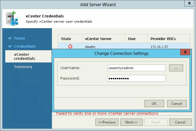 Step 5. Specify Credentials for Underlying vcenter Servers At the vcenter Credentials step of the wizard, specify credentials for each vcenter Server attached to vcloud Director.