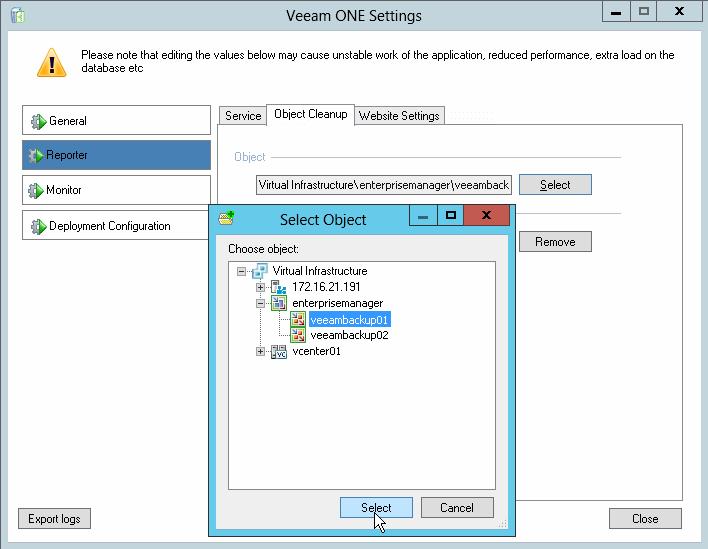 Object Cleanup On the Object Cleanup tab, you can remove from the Veeam ONE database residual data on deleted infrastructure objects.