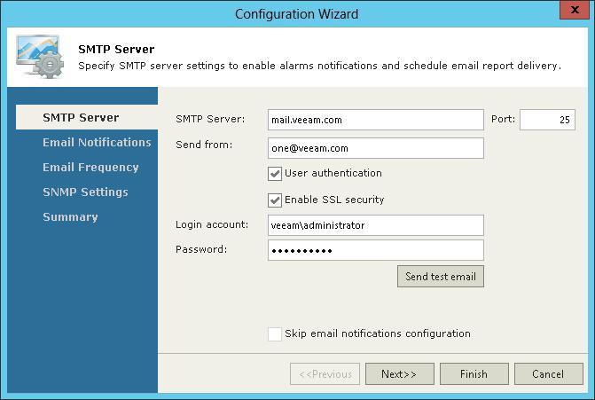 Configuring Notification Settings When you open Veeam ONE Monitor console for the first time, you will be prompted to configure notification settings in the Configuration Wizard.