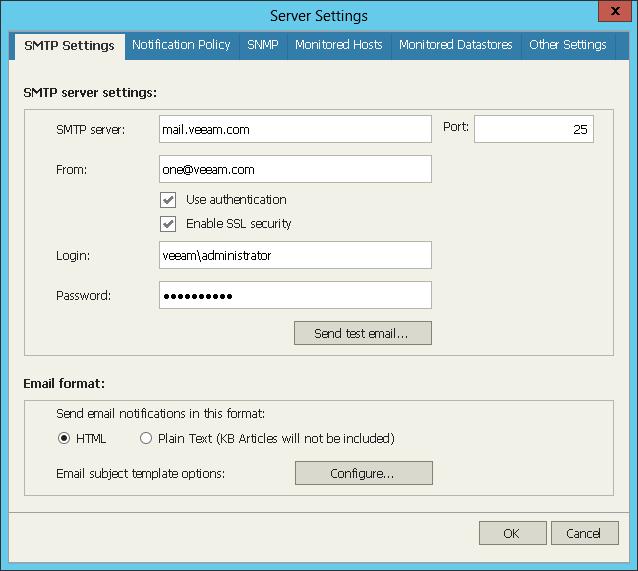 Veeam ONE Monitor Server Settings Veeam ONE Monitor server settings specify application settings, such as mail and trap notification settings, notification policy settings, monitored objects, and