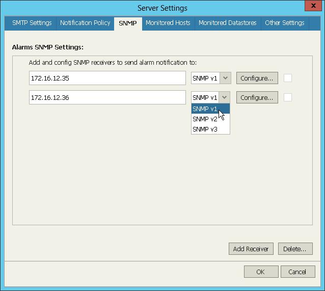 SNMP On the SNMP tab, you can specify trap notification settings for sending notifications about alarms. 1. Click Configure to open the SNMP receiver configuration window. 2.