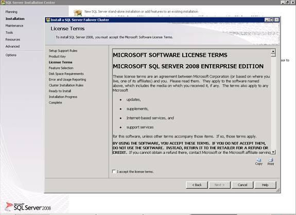 Figure 7: License Terms window 10. Accept the licensing terms and conditions, and then click Next. The Feature Selection page appears. To end setup, click Cancel. 11.