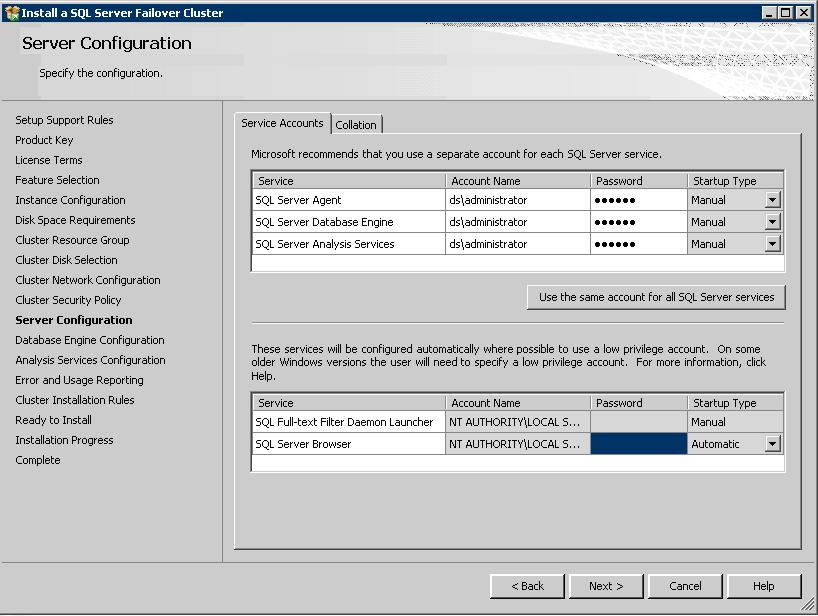 Figure 15: Server Configuration window Service Accounts tab Specify login accounts for SQL Server services. The actual services that are configured here depend on the features you selected to install.