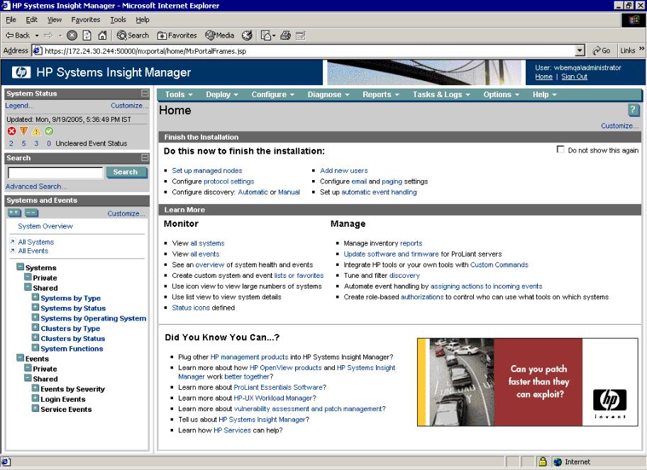 Figure 56: The HP SIM 6.x home page Navigate to Options Discovery. Select System Automatic Discovery task and click Edit. The Edit Discovery page appears.