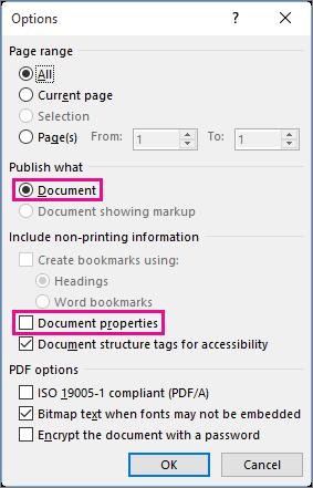 2. If the properties of your Word document contain information that you do not want included in the PDF, in the Publish as PDF or XPS window, choose Options.