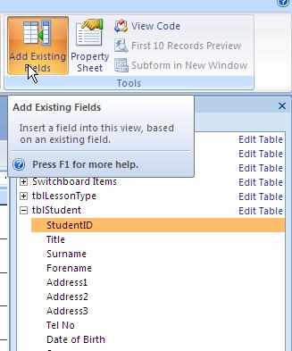 Click on the Add Existing Fields button this will turn off the properties window, to turn it on again when needed