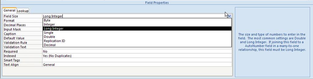 If you are unsure or cannot remember the description of any property, click into the property and it is display in the text box to the right of the Field Properties window.