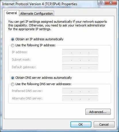 In the TCP/IPv4 properties window, select the Obtain an IP address automatically and Obtain DNS Server