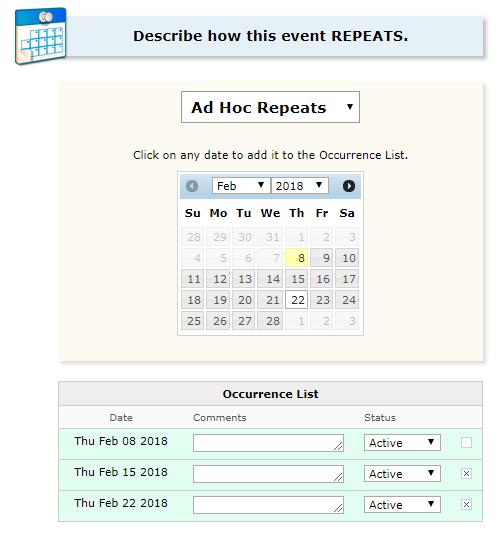 Describe how this event repeats Use the repeat date screen to define the event s repeating pattern or ad hoc