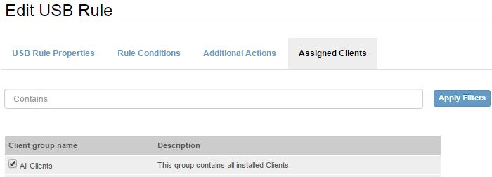 To find specific Clients/Client Groups, enter their names in the Contains box and click Apply Filters. 8. Click Finish. 9. The rule is added.