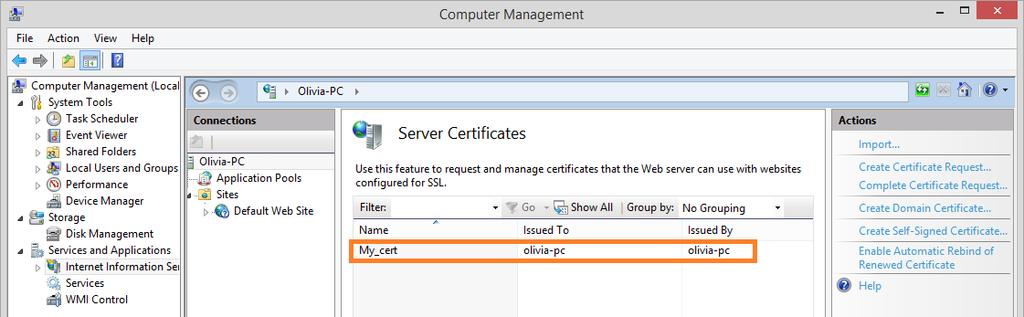 Select a certificate store for the new certificate drop-down list. Click OK. 7. The certificate is created.