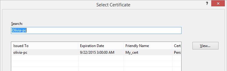 Management Tool 11. The Select Certificate window opens, where the list of existing certificates is displayed. 12.