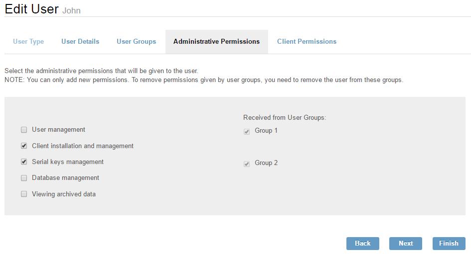 On the Administrative Permissions tab, select administrative permissions that will be given to the user. Click Next.