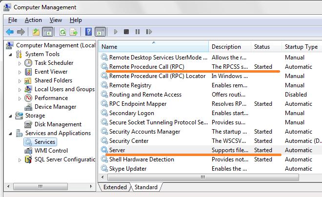 Windows Clients 3. Find the Server service and the Remote Procedure Call (RPC) service in the list of services. Make sure both services are running (their status is displayed as Started). 4.