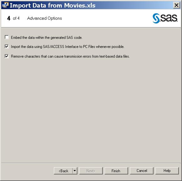 Step 4 of the Import Process Step 4 of the Import Data process provides three important options. The first enables embedding the data in the generated SAS code.