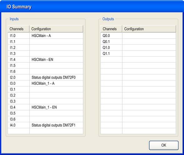Frequency Meter Mode With a Main Type IO Summary The input/output configuration is displayed in the IOSummary window, opened with the Summary button: Refer to the hardware guide for wiring details.