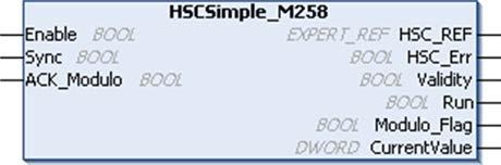 Function Blocks HSCSimple_M258: HSC Simple Function Block Function Description This function block controls a Simple type counter with the following reduced functions: one-way counting no threshold