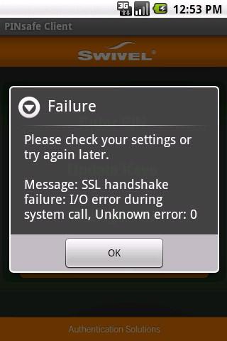 Failure Please check your settings or try again later Message: com.android.org.bouncycastle.jce.exception.