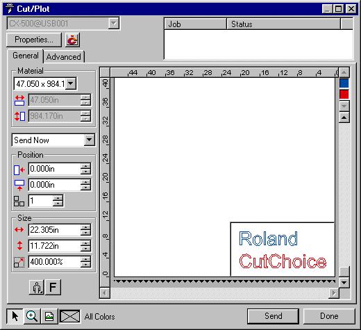 Cut/Plot Dialog Box The Cut/Plot dialog box gives you complete control over how the job is produced. The Cut/Plot dialog box displays when you access Roland CutChoice from the design application.