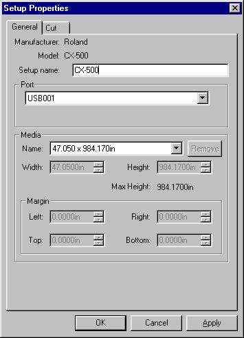 Setup Properties The Setup Properties dialog can be accessed from within the Cut/Plot dialog or from Roland CutChoice and defines the settings for a specific output device.