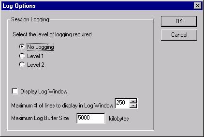 You can determine the detail, size, and number of lines in the session log. 1 Click Options from the Diagnostics menu. This displays the Log Options window.
