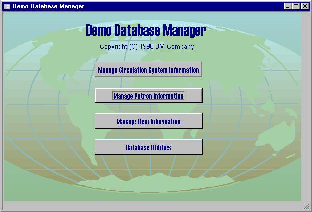 Demo Database Manager Open the Demo Database Manager From the Windows Start menu under Programs and 3M SelfCheck 6210, click Demo Database Manager. The Demo Database Manager main window displays.