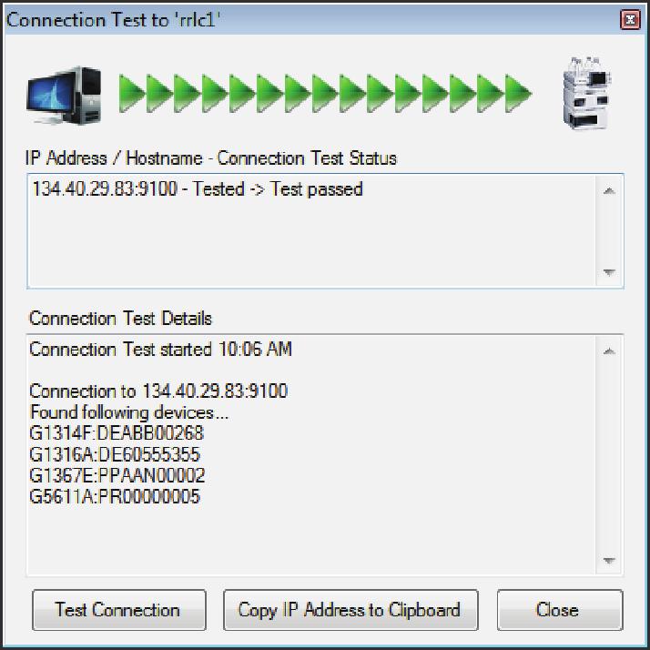 If the connection test passes, it also lists the devices found, with type and serial number, so that you can verify that it is connecting the correct system.
