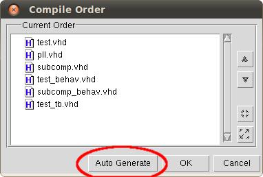 2 Behavioral Simulation 6 Simply click on the menu item Compile Compile Order.... In the next dialog hit the button Auto Generate (see Figure 2.4). Figure 2.4: Compile order.