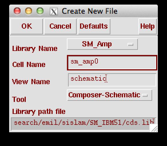 the Cell Name field I decided to call it sm_amp0 Press OK This brings up a Virtuoso Schematic Editing window in which you can enter your circuit schematic Play around with the top menu items at the