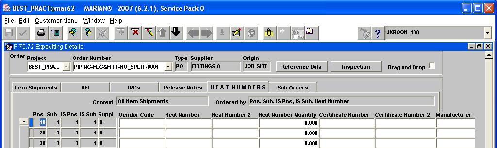 Purchasing P.70.72 Expediting Details The Heat Numbers tab and screen have been added to the P.70.72 Expediting Details screen.