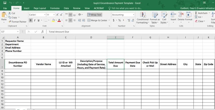B. Requesting Payment against an Encumbrance Complete the buylu Encumbrance Payment Template. This is a Microsoft Excel document.